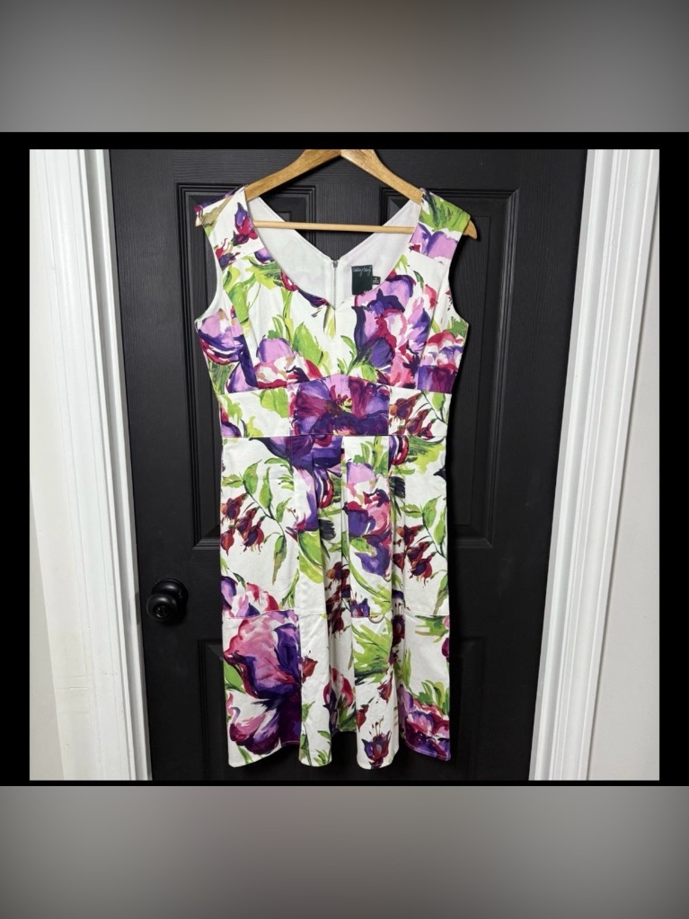 Gabby Skye White Midi Dress with Purple & Green Floral Motif